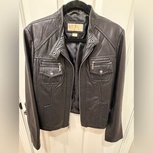 Michael Kors Black Leather Zip-Front Moto Jacket